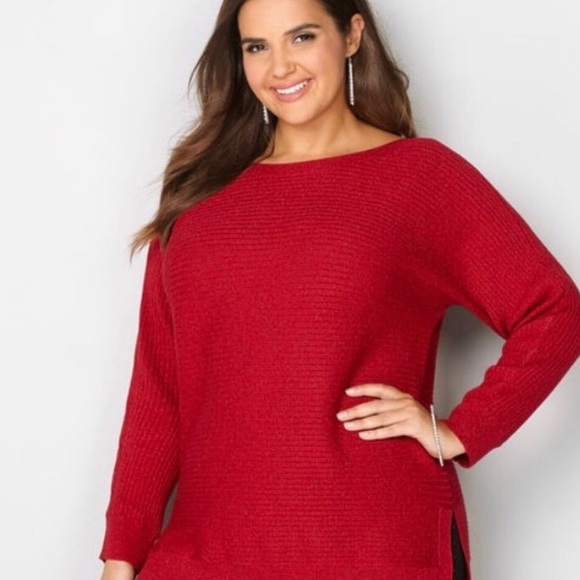 Avenue Tops - Gorgeous Red Ribbed Oversized Tunic Sweater